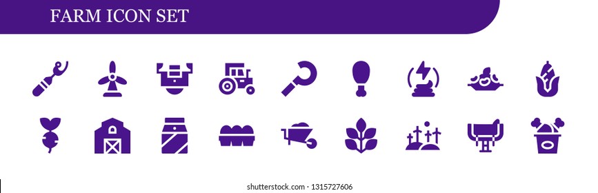 Farm Icon Set. 18 Filled Farm Icons.  Collection Of - Ripper, Windmill, Field, Tractor, Sickle, Fried Chicken, Manure, Rice, Corn, Turnip, Barn, Milk, Eggs, Wheelbarrow, Spinach