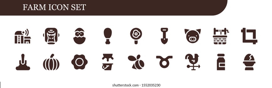 farm icon set. 18 filled farm icons.  Collection Of - Farm, Gorilla, Chick, Fried chicken, Fried egg, Shovel, Pig, Water well, Crop, Pumpkin, Milk, Swarm, Taurus, Cock, Egg icons