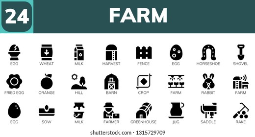 farm icon set. 24 filled farm icons.  Collection Of - Egg, Wheat, Milk, Harvest, Fence, Horseshoe, Shovel, Fried egg, Orange, Hill, Barn, Crop, Farm, Rabbit, Sow, Farmer, Greenhouse