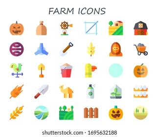 farm icon set. 30 flat farm icons.  Simple modern icons such as: pumpkin, sack, windmill, crop, barn, terra, turbine, shovel, wheat, desert, wheelbarrow, cock, sand, duck, hills