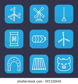 farm icon. Set of 9 outline farm icons such as pig, field, sausage, mill, Horseshoe, hoe