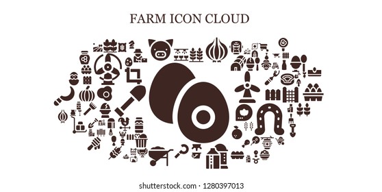  farm icon set. 93 filled farm icons. Simple modern icons about  - Boiled egg, Farm, Wheat, Pig, Onion, Milk, Silo, Sickle, Wheelbarrow, Chick, Horse, Field, Egg, Crop, Farmer