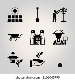 Farm icon set. cheerful, shoveling, recycling and new vector illustration for web