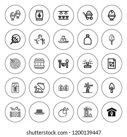 Farm icon set. collection of 25 outline farm icons with boiled egg, chicken, butter, crop, fence, fertilizer, greenhouse, horse, horseshoe, farm, sack icons. editable icons.
