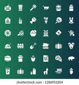 farm icon set. Collection of 36 filled farm icons included Turnip, Wheelbarrow, Alpaca, Milk, Pumpkin, Fresh, Bison, Cheese, Crop, Corn, Rice, Goat, Pork, Shovel, Fence, Chicken