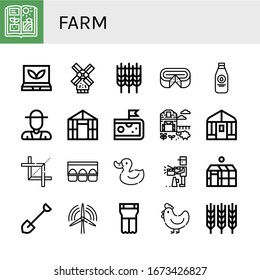 farm icon set. Collection of Agriculture, Smart greenhouse, Windmill, Wheat, Cheese, Milk bottle, Farmer, Greenhouse, Sheep farm, Crop, Egg carton, Duck, Producer, Shovel icons