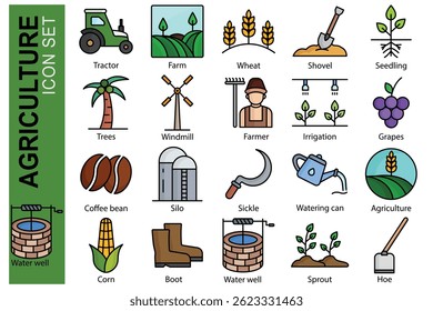 Farm icon set. colored outline icon style. containing icon wheat, seedling, farmer and more. Agriculture element vector illustration