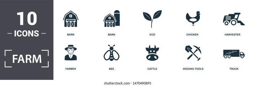 Farm icon set. Contain filled flat digging tools, harvester, truck, chicken, bee, eco icons. Editable format.