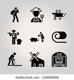 Farm icon set. field, crop, carriage and village vector illustration for web