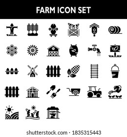 Farm icon set include scarecrow,agriculture,beehive,sun flower,egg,windmill,fence,plantation,carrot,birdhouse,hay,sprout,tractor,wheelbarrow