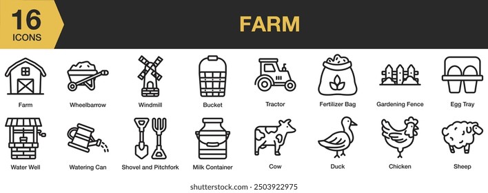 Farm icon set. Includes cow, duck, bucket, fence, egg tray, sheep, and More. Outline icons vector collection.
