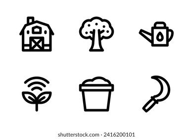 Farm icon set including barn, tree, watering can, smart farm, pot, and sickle.