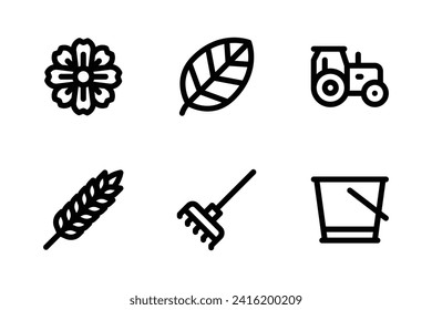 Farm icon set including flower, leaf, tractor, wheat, rake, and bucket.