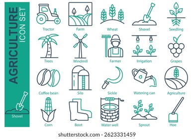 Farm icon set. line icon style. containing icon wheat, seedling, farmer and more. Agriculture element vector illustration