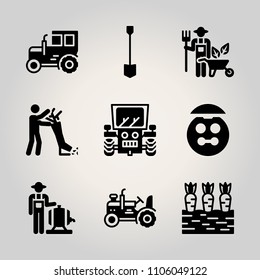 Farm icon set. man, background, harvest and drawing vector illustration for web