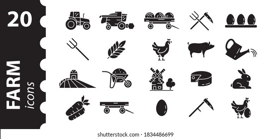 Farm icon set negative. Symbols of animals, plants, tractor, harvester, barn on an isolated white background. Vector illustration.