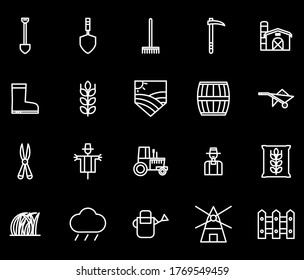 farm icon set with outline style vector for your web design, logo, UI. illustration.Set includes icons as  grass,hoe ,trowel,wheelbarrow,tractor,wheat