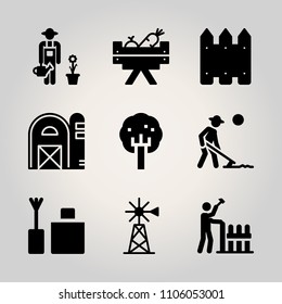 Farm icon set. ripe, metal, female and text vector illustration for web