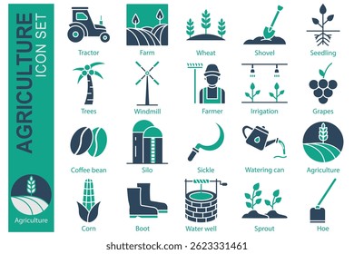 Farm icon set. solid icon style. containing icon wheat, seedling, farmer and more. Agriculture element vector illustration