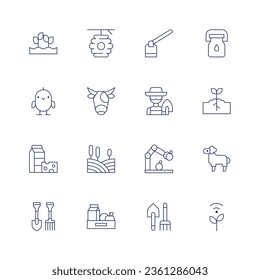 Farm icon set. Thin line icon. Editable stroke. Containing agriculture, beehive, hoe, milk bottle, chick, cow, peasant, plant, dairy products, farm, robotic arm, sheep, farming tools, food, shovel.
