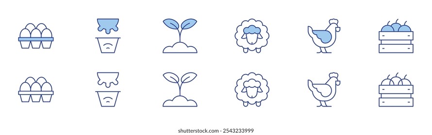 Farm icon set in two styles, Duotone and Thin Line style. Editable stroke. sheep, hen, eggs, animal, crate, agriculture.