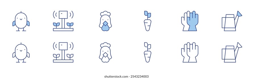 Farm icon set in two styles, Duotone and Thin Line style. Editable stroke. chick, smart farm, carrot, gloves, watering can, chicken.