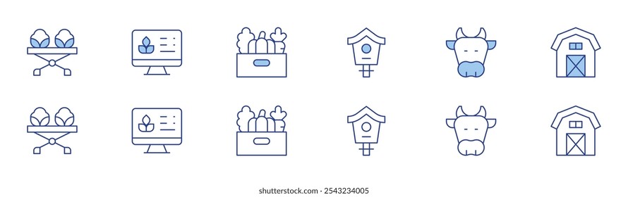 Farm icon set in two styles, Duotone and Thin Line style. Editable stroke. market, smart farm, vegetables, bird house, cow, farm house.