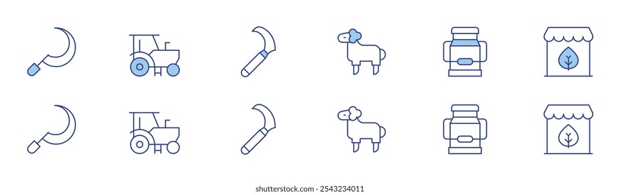 Farm icon set in two styles, Duotone and Thin Line style. Editable stroke. sheep, sickle, tractor, milk, shop.