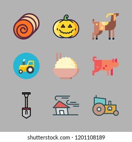 farm icon set. vector set about pig, hay, pumpkin and shovel icons set.