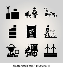 Farm icon set. windmill, sunset, business and text vector illustration for web