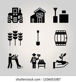 Farm icon set. work, white, barn and vintage vector illustration for web
