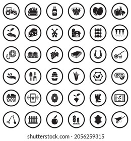 Farm Icons. Black Flat Design In Circle. Vector Illustration.