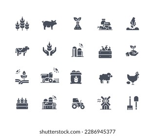 Farm icons black set. Tractor and barn, vegetables in box. Natural and organic products and livestock. Farming and agriculture. Linear flat vector illustrations isolated on white background