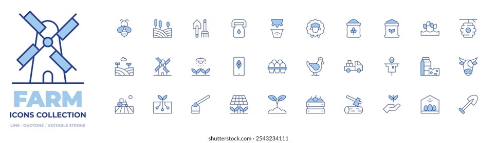 Farm icons collection. Line Duotone style, editable stroke. hoe, wood, windmill, farm, light, hen, eggs, smart farm, solar panel, field, ground, crate, pick up truck, agriculture.