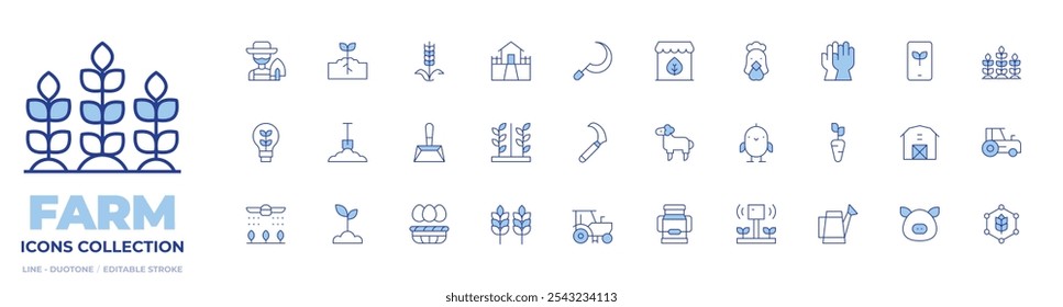 Farm icons collection. Line Duotone style, editable stroke. chick, sheep, smart farm, wheat, plantation, innovation, eggs, tractor, soil, sprout, milk, sickle, dustpan.