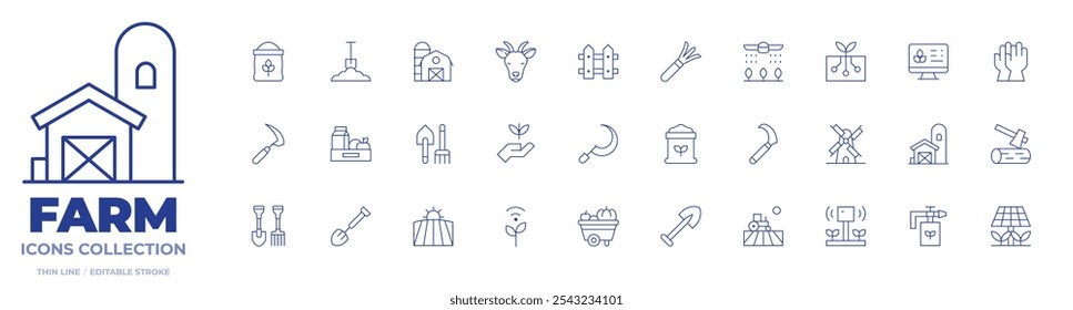 Farm icons collection. Thin Line icons, editable stroke. fence, flour, food, gardening tools, goat, ground, shovel, sickle, silo, smart farm, soil, sprout, windmill.