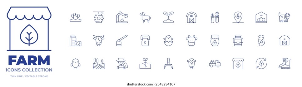 Farm icons collection. Thin Line icons, editable stroke. agriculture, beehive, chick, cow, dairy products, farm house, hoe, milk bottle, robotic arm, sheep.