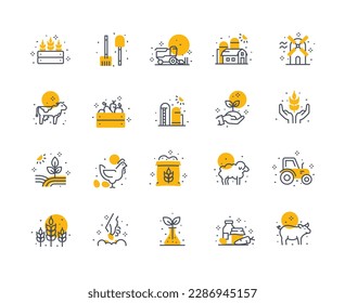 Farm icons color set. Collection of graphic elements for website. Farming and agriculture, plants and animals. Harvest and livestock. Linear flat vector illustrations isolated on white background