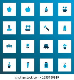 Farm icons colored set with apple, carrot, floral and other garlic elements. Isolated vector illustration farm icons.