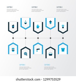 Farm icons colored set with crane, basket, flowerpot and other latex elements. Isolated vector illustration farm icons.