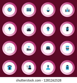 Farm icons colored set with draw well, scale, light and other windmill elements. Isolated vector illustration farm icons.