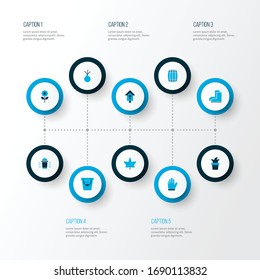 Farm icons colored set with flower, flowerpot, barrel and other plant elements. Isolated vector illustration farm icons.