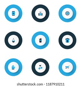 Farm icons colored set with plant root, flowerpot, garden gloves and other weight elements. Isolated vector illustration farm icons.