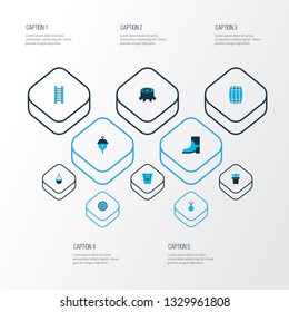 Farm icons colored set with rubber shoes, light, barrel and other garlic elements. Isolated vector illustration farm icons.