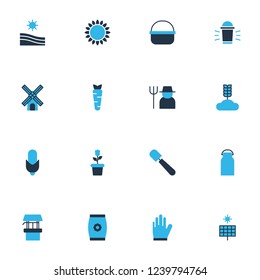 Farm icons colored set with spatula, farmer, corn and other mill elements. Isolated vector illustration farm icons.