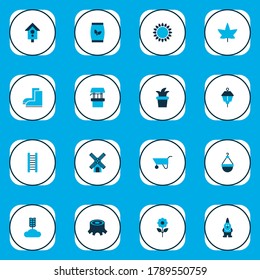 Farm icons colored set with sunflower, maple, flowerpot and other birdhouse elements. Isolated vector illustration farm icons.