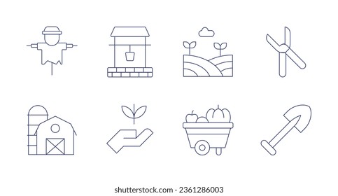 Farm icons. editable stroke. Containing scarecrow, well, farm, pruning shears, silo, sprout, food cart, shovel.