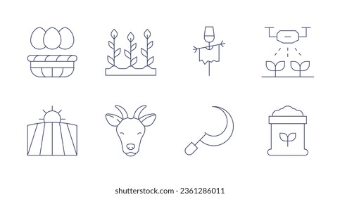 Farm icons. editable stroke. Containing eggs, farm, scarecrow, watering, field, goat, sickle, soil.
