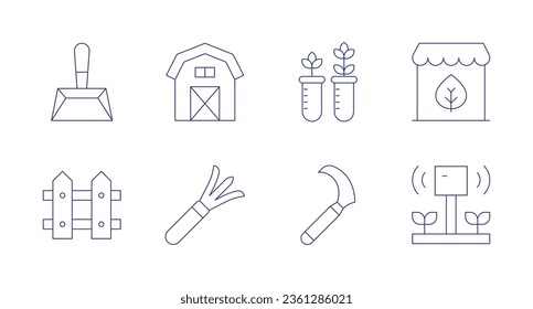 Farm icons. editable stroke. Containing dustpan, farm house, test tube, shop, fence, gardening tools, sickle, smart farm.