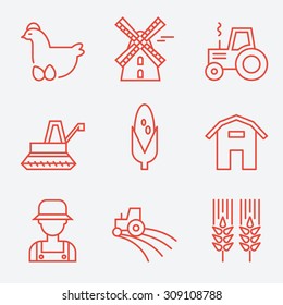 Farm icons, flat design, thin line style